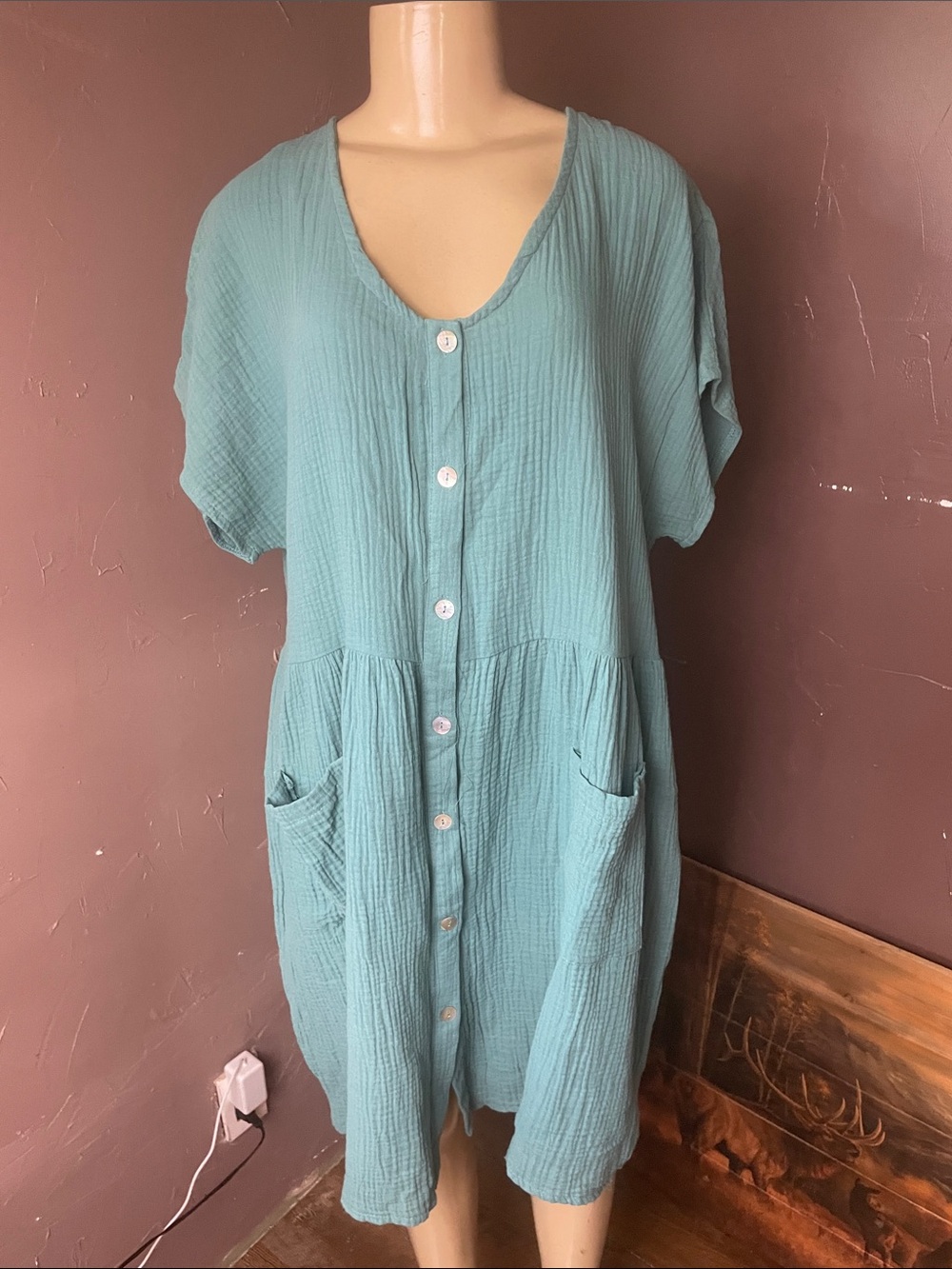 KAKTUS Size L Button-Front Gauze Tunic Dress in Teal